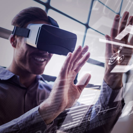 man wearing virtual reality headset at trade show