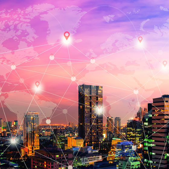 network connection in city, blockchain concept.