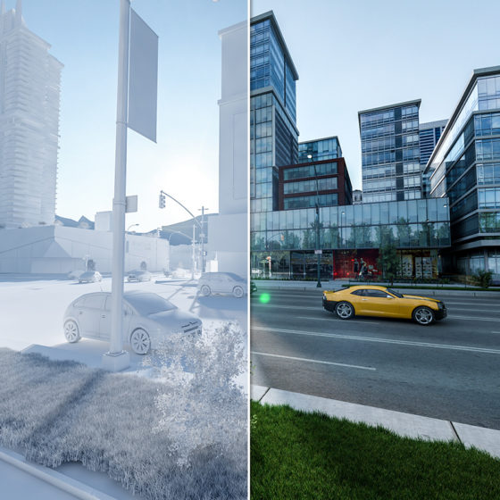 architectural visualization of a street view with before and after affect