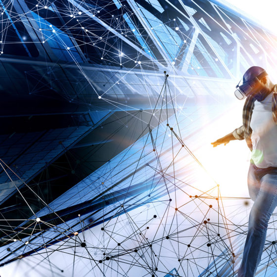 VR user kicking virtual ball into the bright future on futuristic background