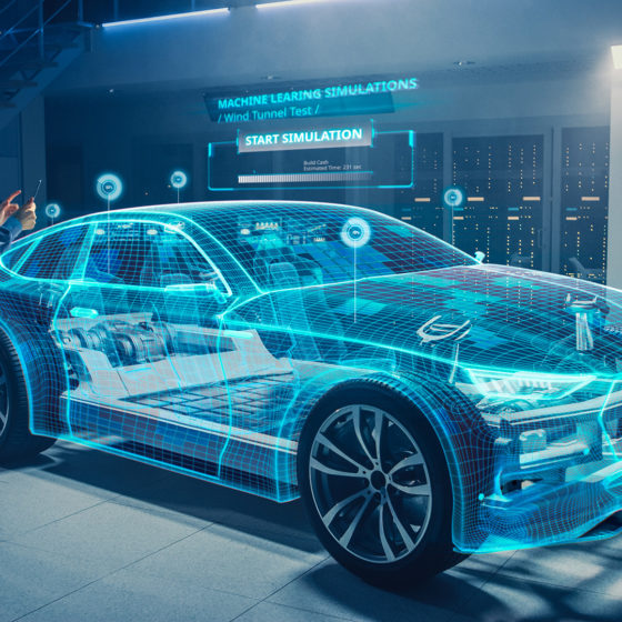 Automotive Engineer Uses Digital Tablet with Augmented Reality for Car Design Analysis and Improvement. 3D Graphics Visualization Shows Fully Developed Vehicle Prototype Analysed and Optimized