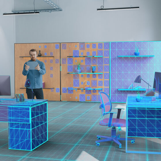 Real Estate Buyer Uses Augmented Reality on Digital Tablet Computer to Choose 3D Furniture for his new home