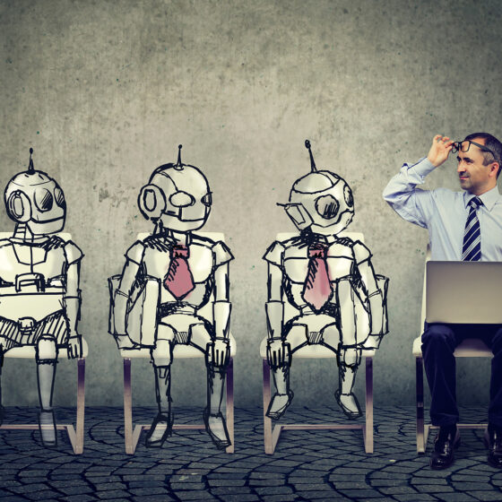 Business job applicant man competing with cartoon robots sitting in line for a job interview