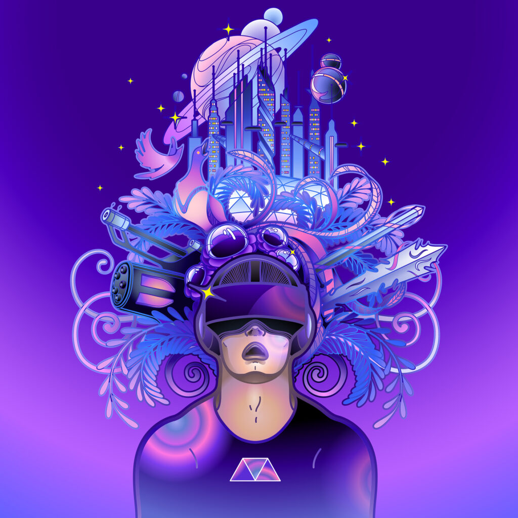 Graphic man experiencing metaverse through virtual reality headset